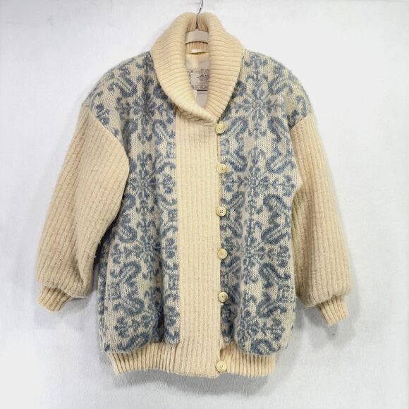 Vtg Hilda Ltd Cardigan Women S Cream Blue Wool Knit...